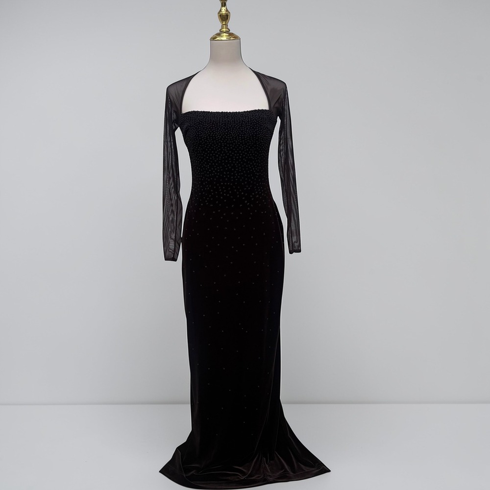 VTG 90s Cache Velvet Beaded Evening Gown XS Brown Sheer Mesh Maxi FairyGrunge